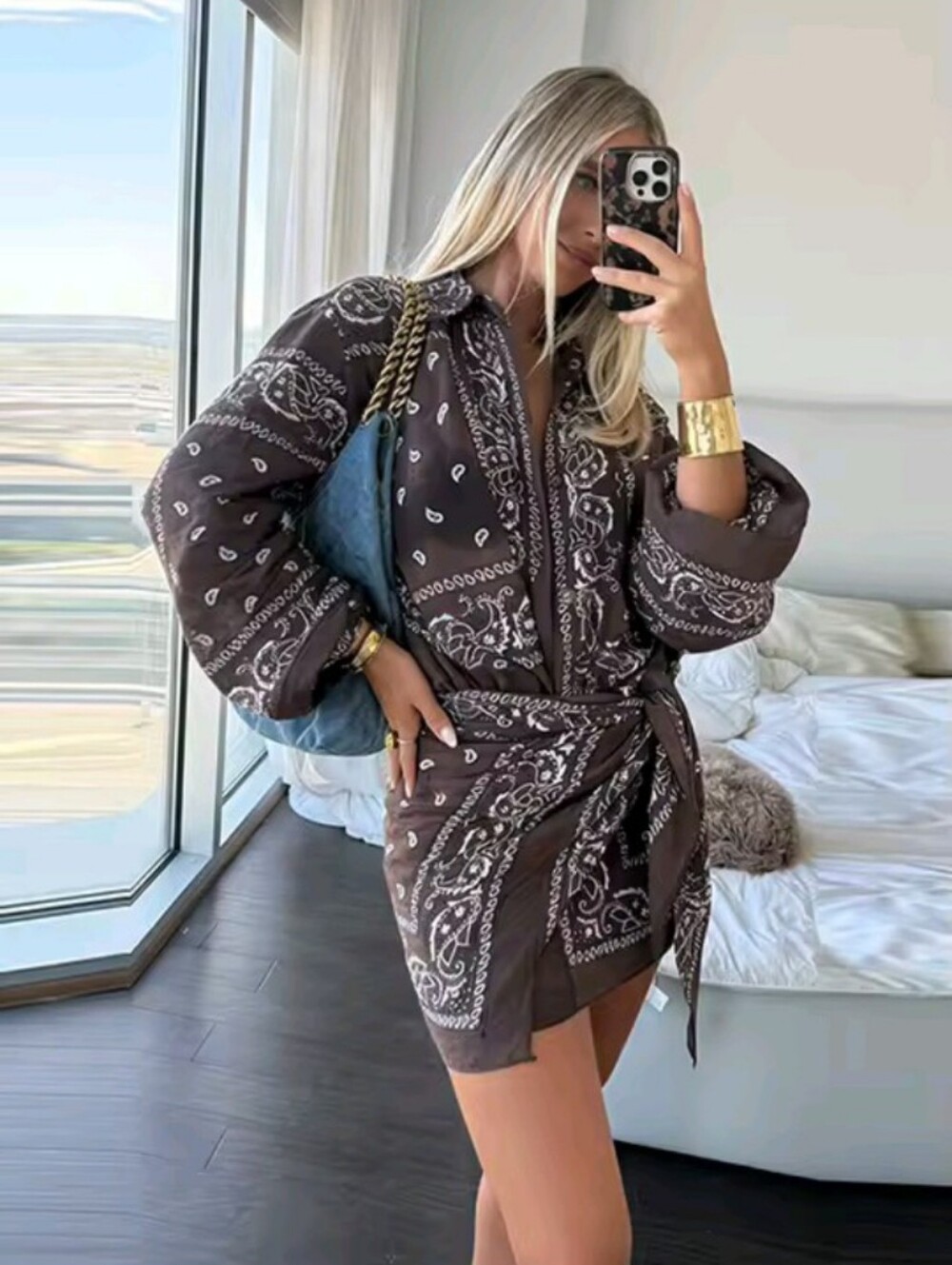 Women Lightweight Floral Printed Oversized Coat & Square Scarf Skirt & Long Pant